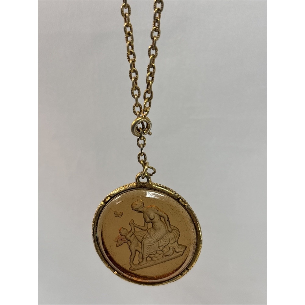 Goldette Large Reverse Intaglio Venus Cupid Gilt‎ Etruscan Necklace